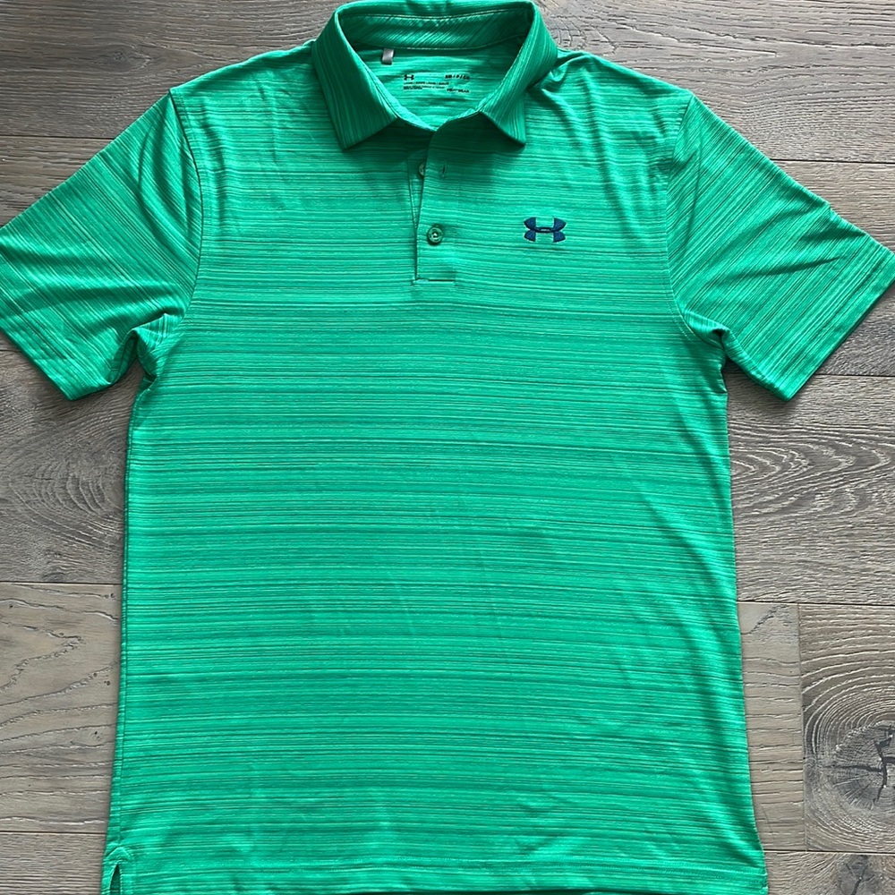 Mens Under Armour HeatGear Loose Green with Blue Laser Stripes Golf Polo-Small